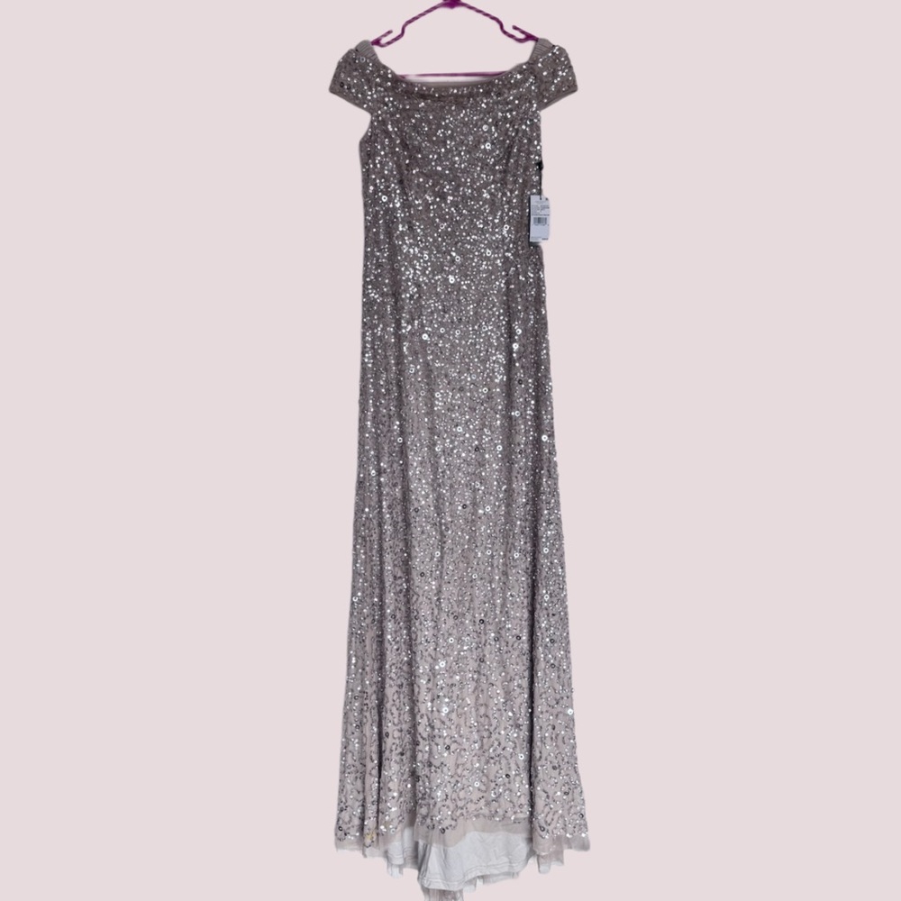 NWT Adrianna Papell Off The Shoulder Sequin Beaded Gown - 6 - Picture 3 of 6
